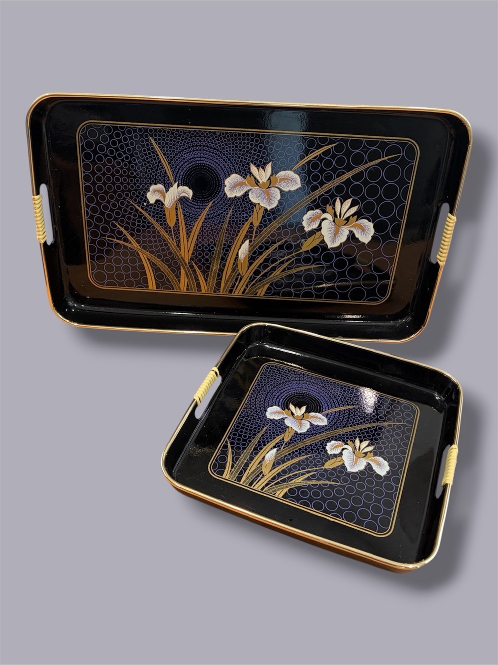 Pair of MCM Lacquered Iris Trays